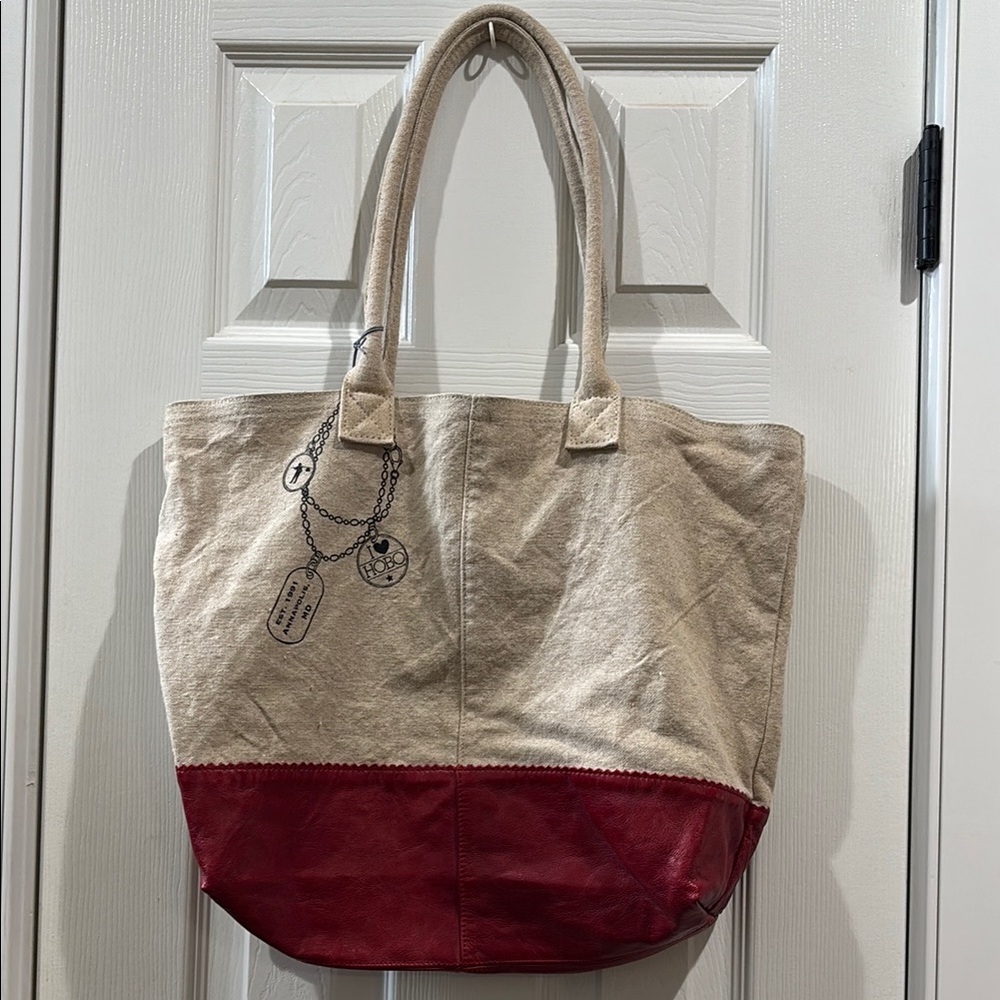 HOBO Stylish Red leather and Tan canvas tote Bag. NWT!